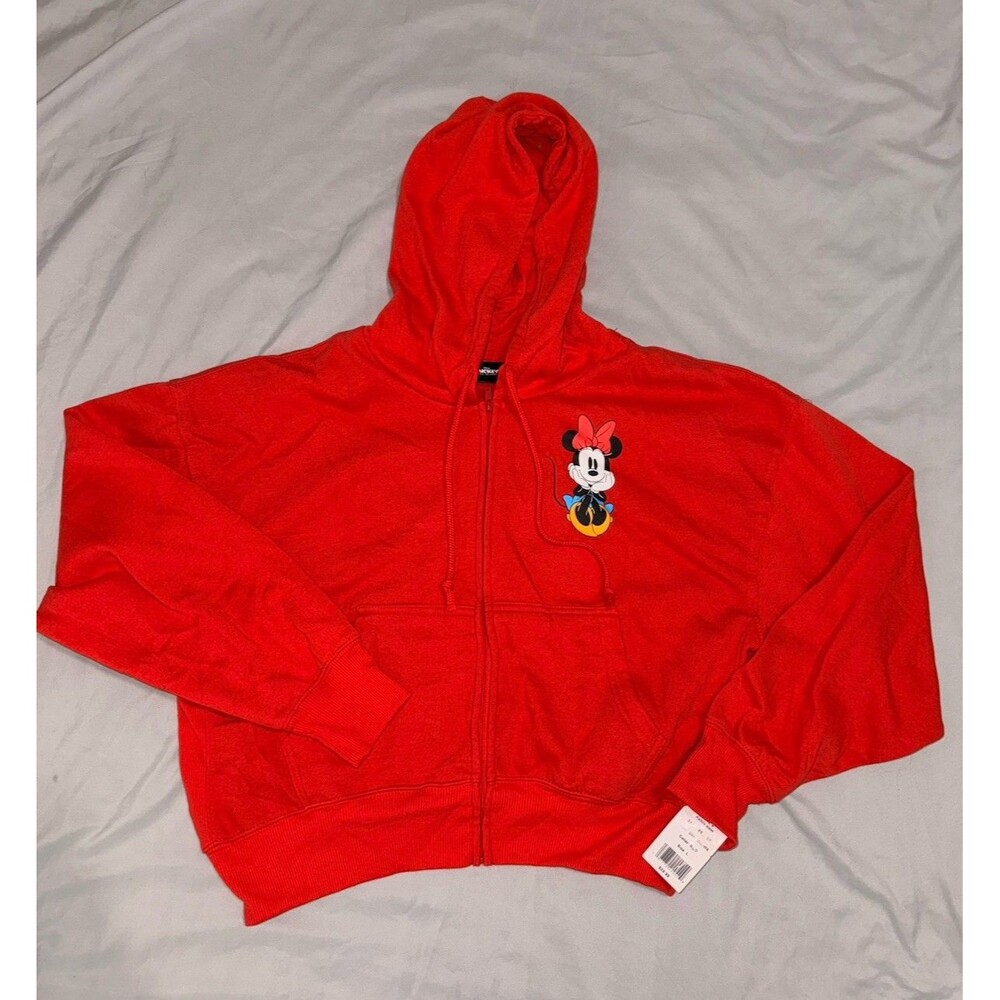 NWT Disney Minnie Mouse Y2K Cartoon Red Full Zip Crop Hoodie Pockets Junior’s L
